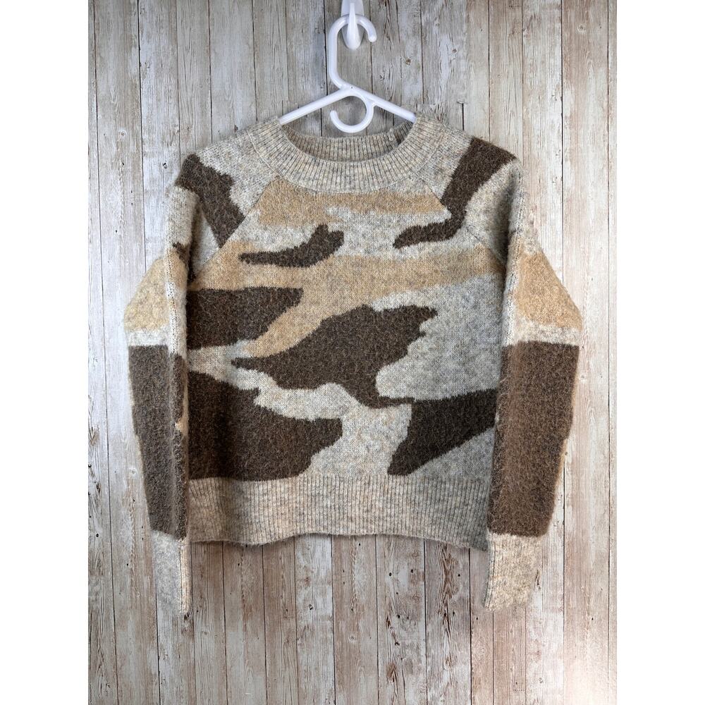 Anthropologie Moth Marjorie Cropped Sweater Womens S Oatmeal Brown Camo Pullover